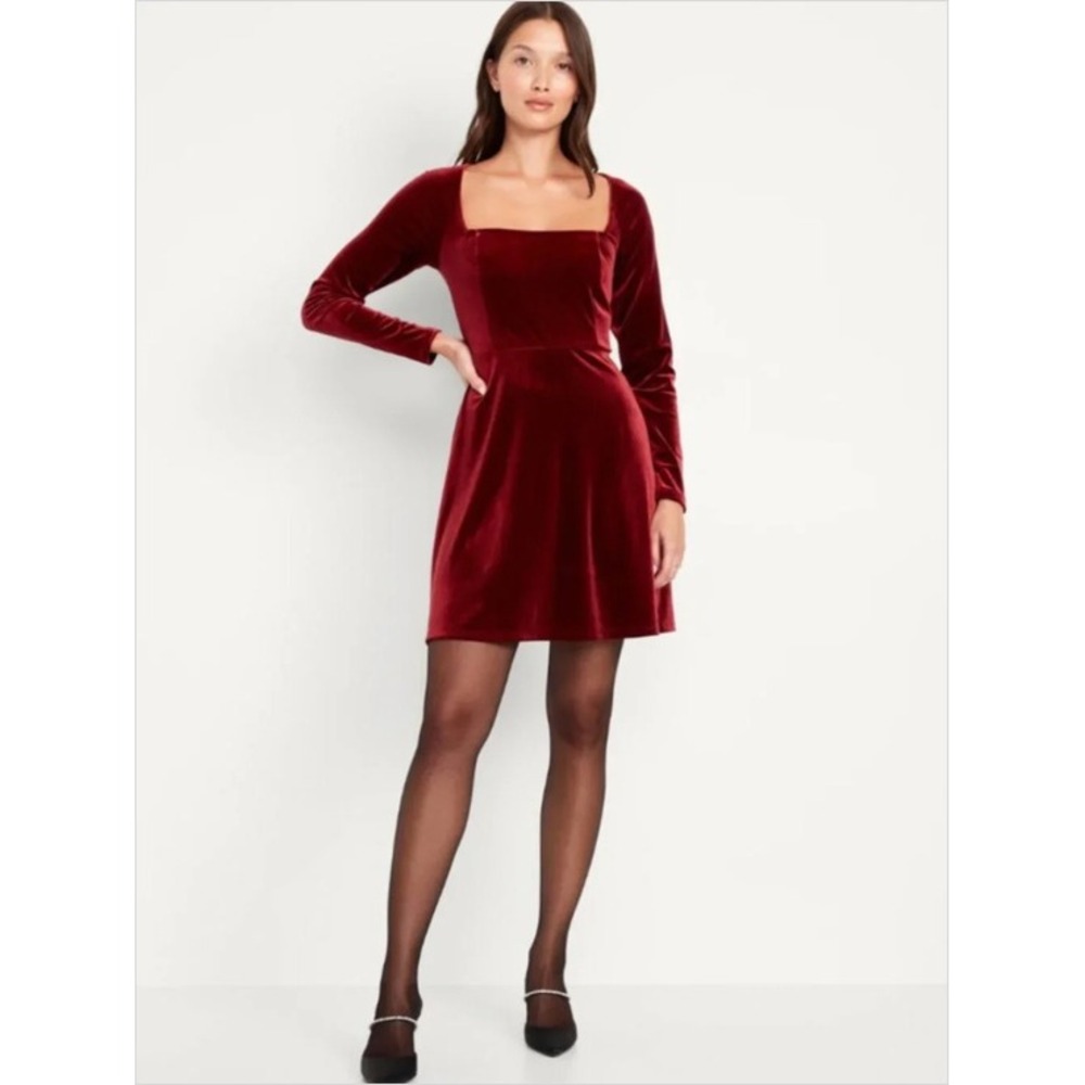 Old Navy Fire Scarlet Red Velvet Long Sleeve Flare Mini Dress Square Neck L